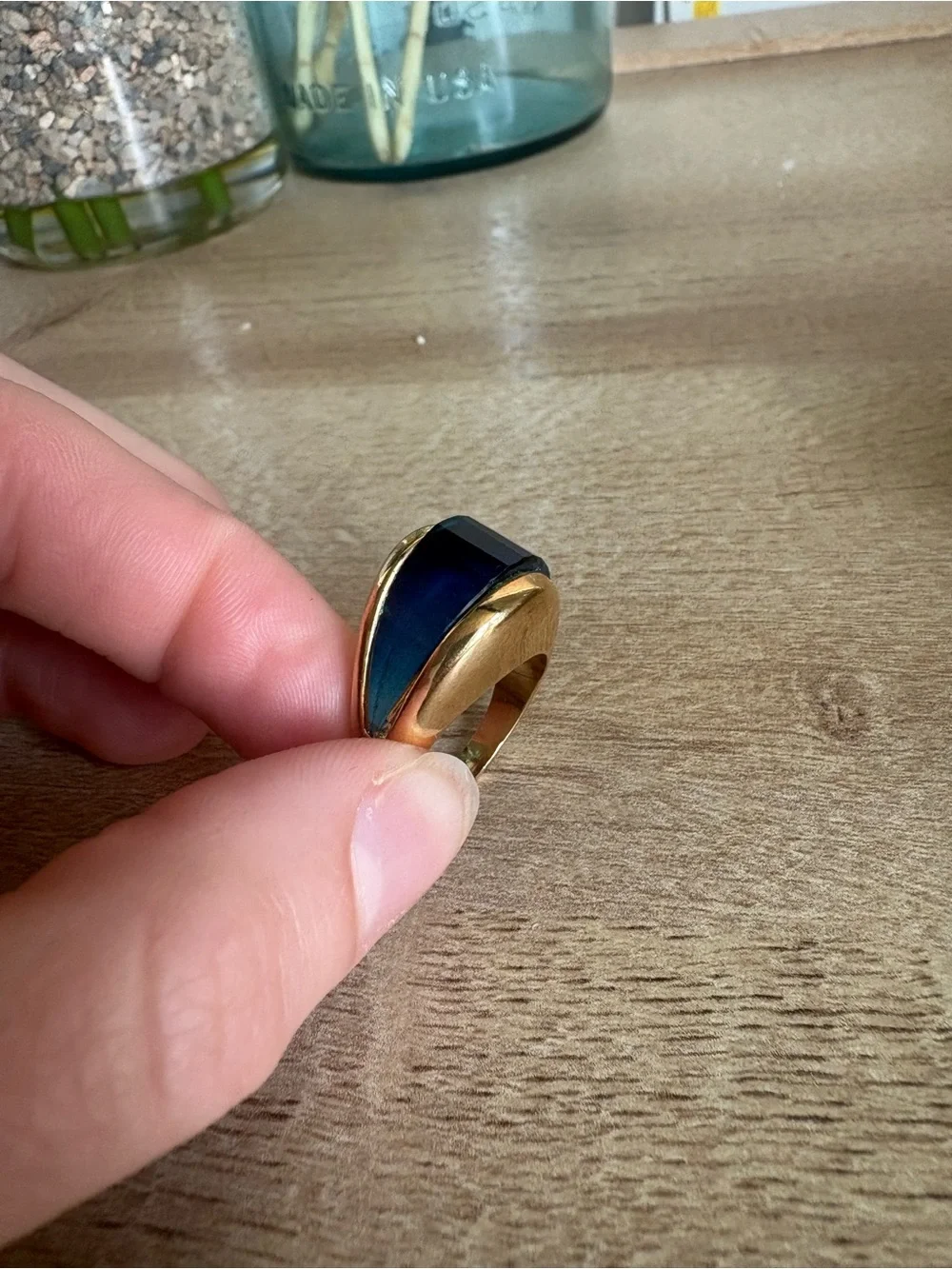 Gold-Tone Ring with Deep Blue Faceted Stone - Women Jewelry